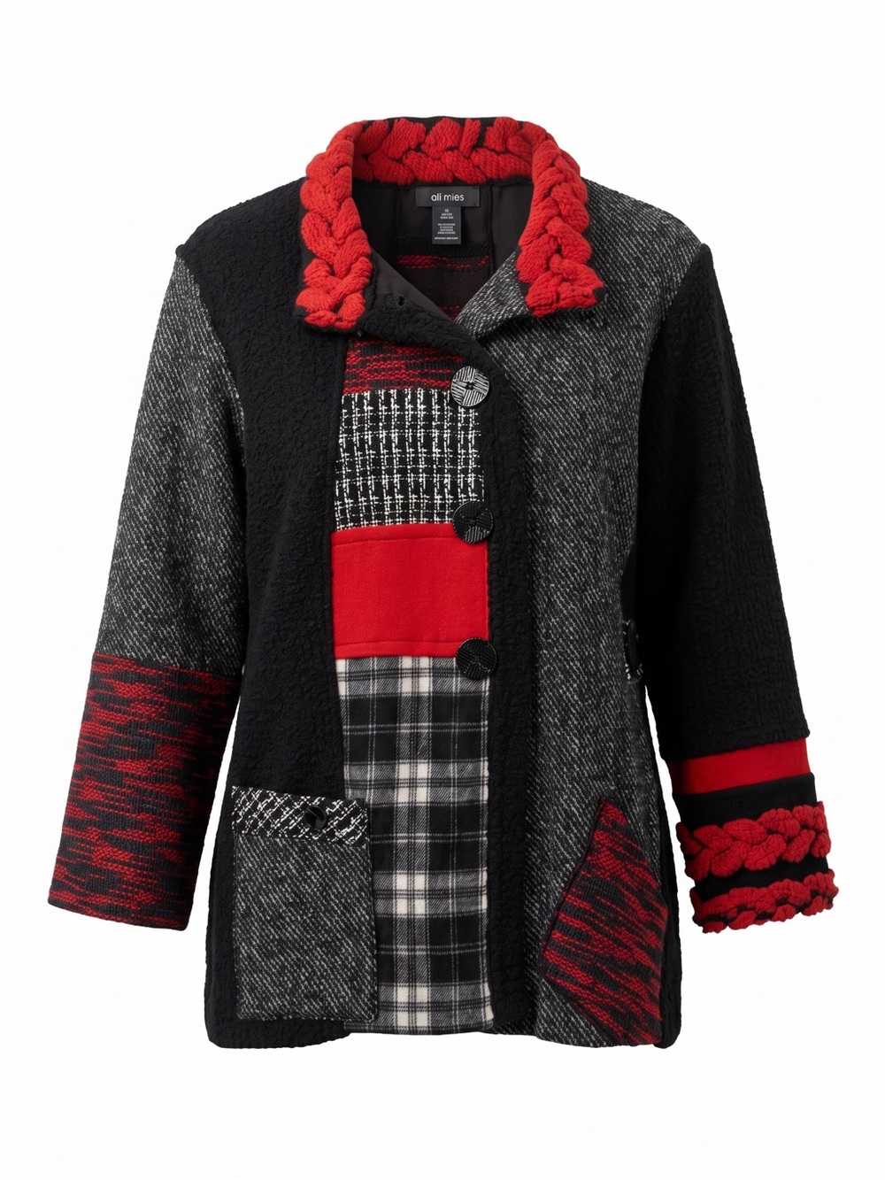 Ali Miles Black & Red Patchwork Lagenlook Warm Jacket/ Coat New 3X NEW